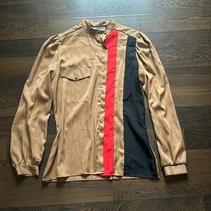 Women's Brown Button-Down Blouse with Red and Black Stripe Panels